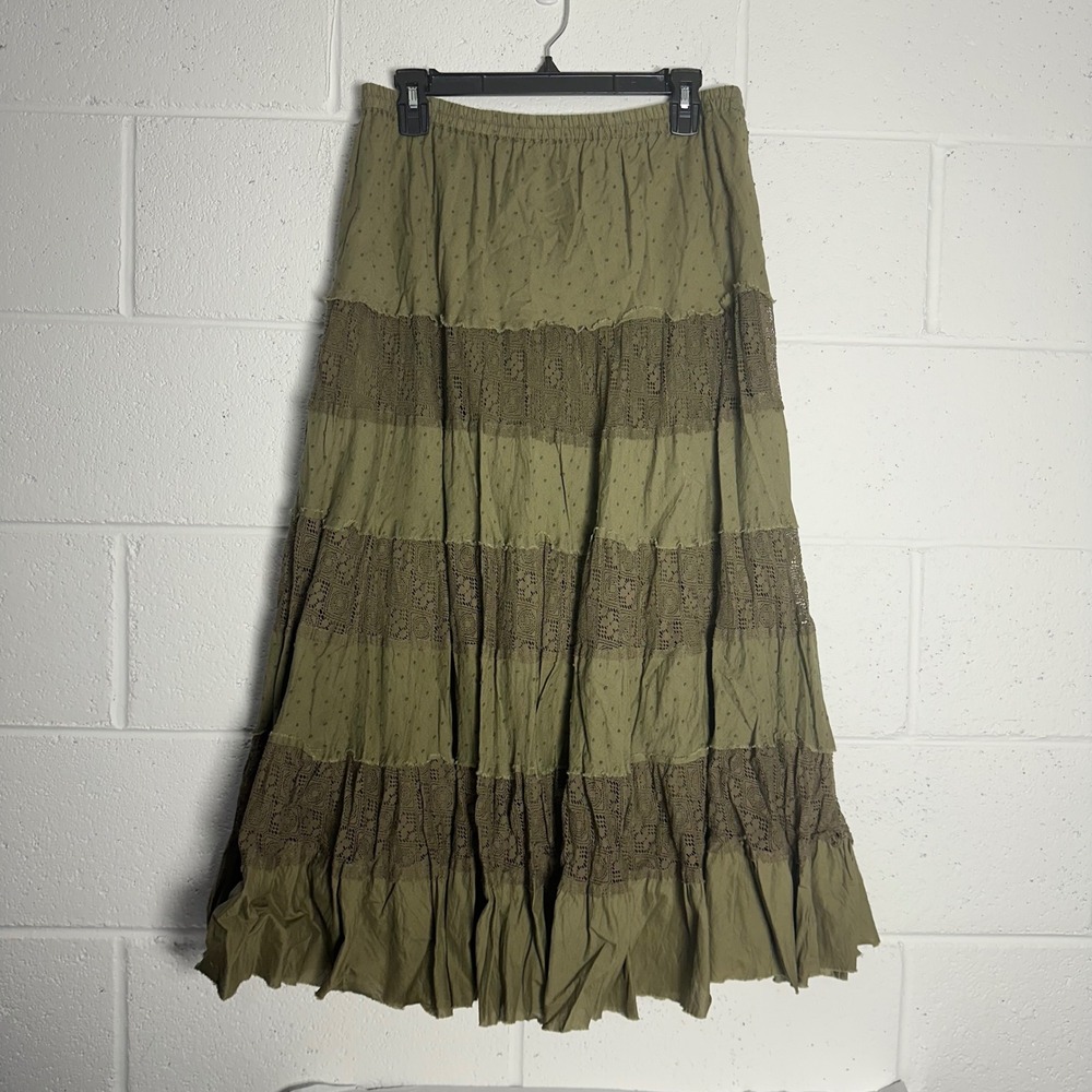 Reba Olive Green Cotton Tiered patch Skirt Lace Swiss Dot Boho Large cottagecore